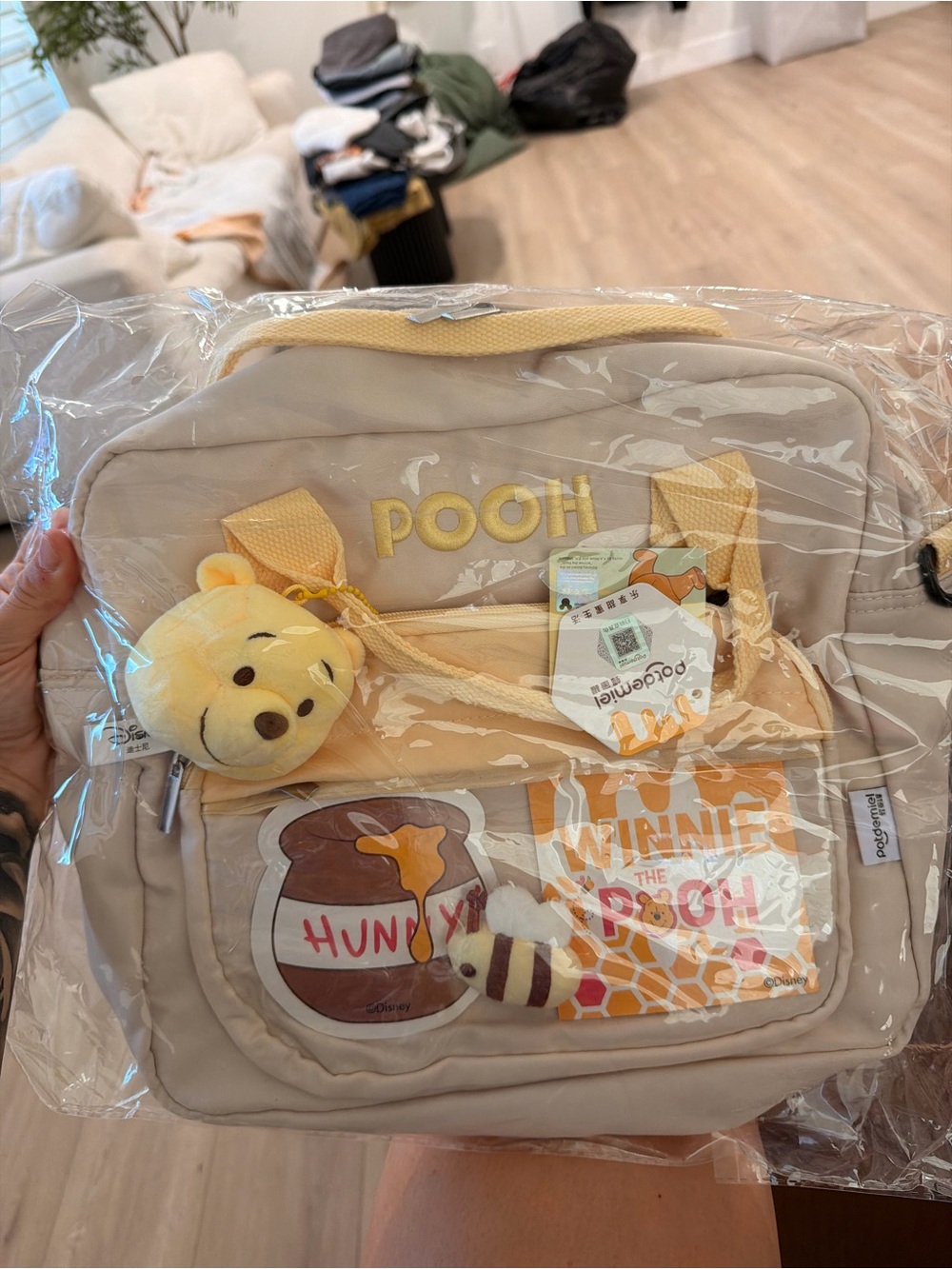 Disney Winnie the Pooh Beige and Yellow Kids Backpack with Plush Charm
